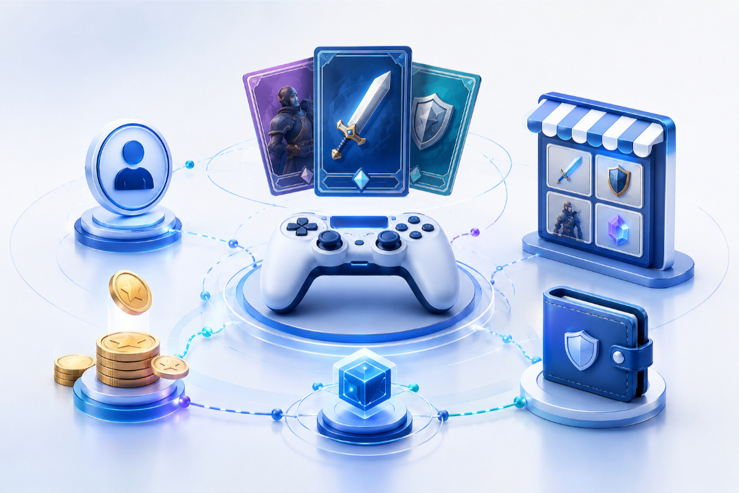 ゲーム内アイテム、ポイント、カード、デジタル所有権がつながるゲーム資産経済の概念図